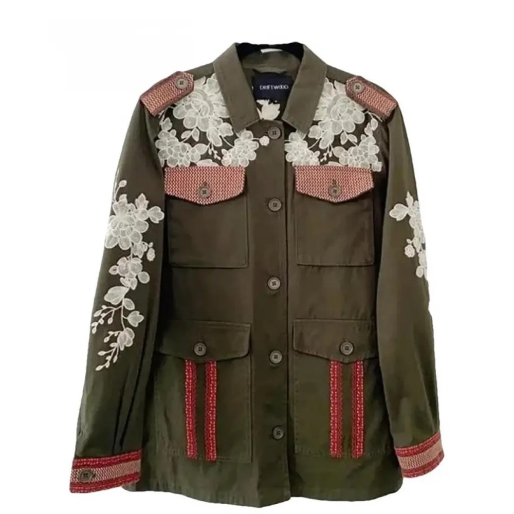 DRIFTWOOD Green and Red Utility Jacket with Embroidered Accents
